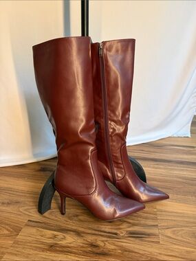 Cider Burgundy Knee-High Pointed Toe Heeled Boots